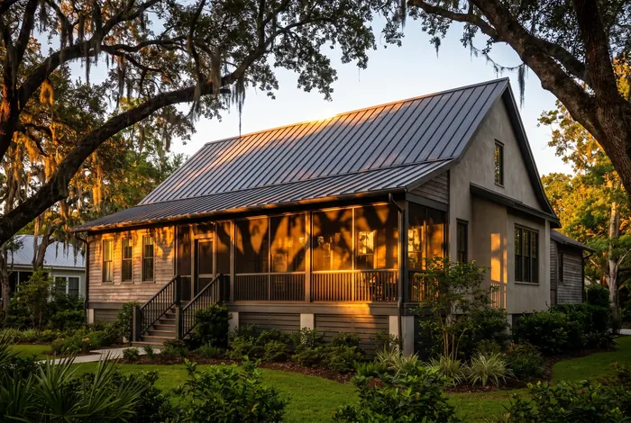A raised Louisiana house with a new dark metal roof under low evening sun